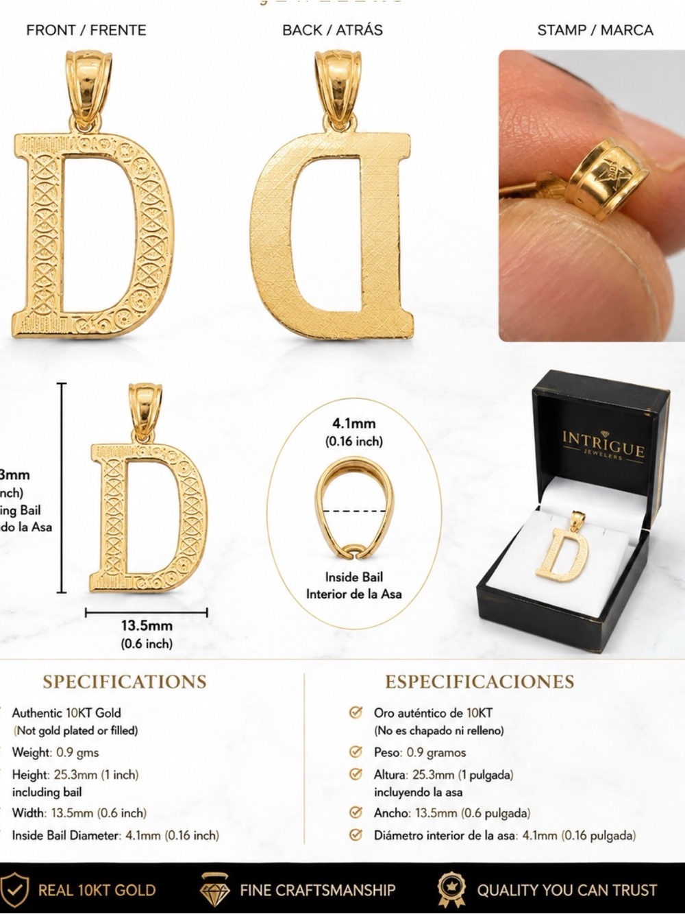 10K Gold Letter D Pendant - Gold